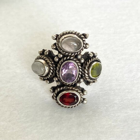 Sterling Silver 925 Garnet Peridot Multi Gemstone Cluster Statement Ring Sz 8.75 - Picture 2 of 16